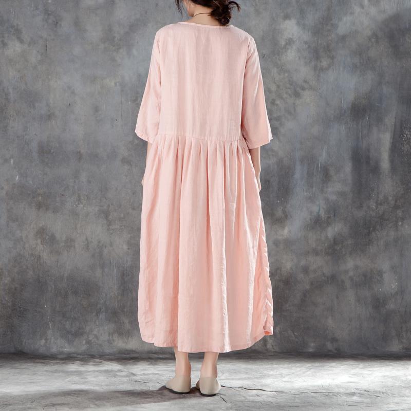 Boutique Leinen Sommerkleid übergroßes Leinen Rundhals Dreiviertelärmel Rosa Plisseekleid