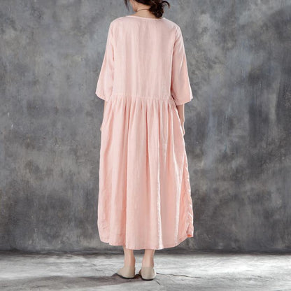 Boutique Leinen Sommerkleid übergroßes Leinen Rundhals Dreiviertelärmel Rosa Plisseekleid