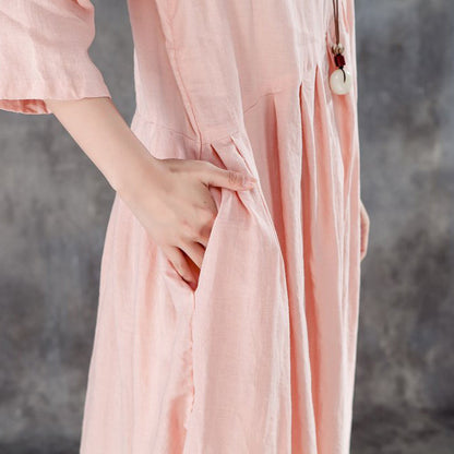 Boutique Leinen Sommerkleid übergroßes Leinen Rundhals Dreiviertelärmel Rosa Plisseekleid