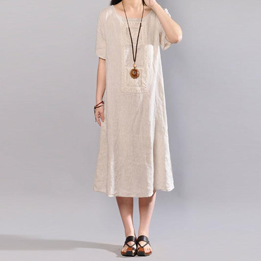 boutique long linen dress stylish Round Neck Short Sleeve Pure Color Flax Dress