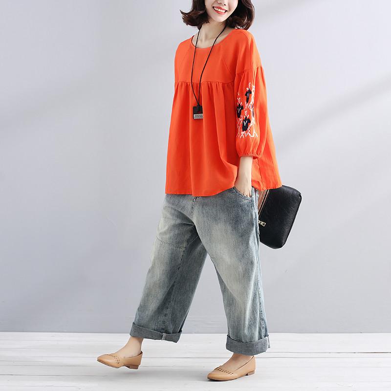 Boutique T-Shirt aus natürlichem Leinen, locker sitzend, bestickt, lockeres Leinenhemd für Damen, lässig, Schnürung, gefaltet, orange