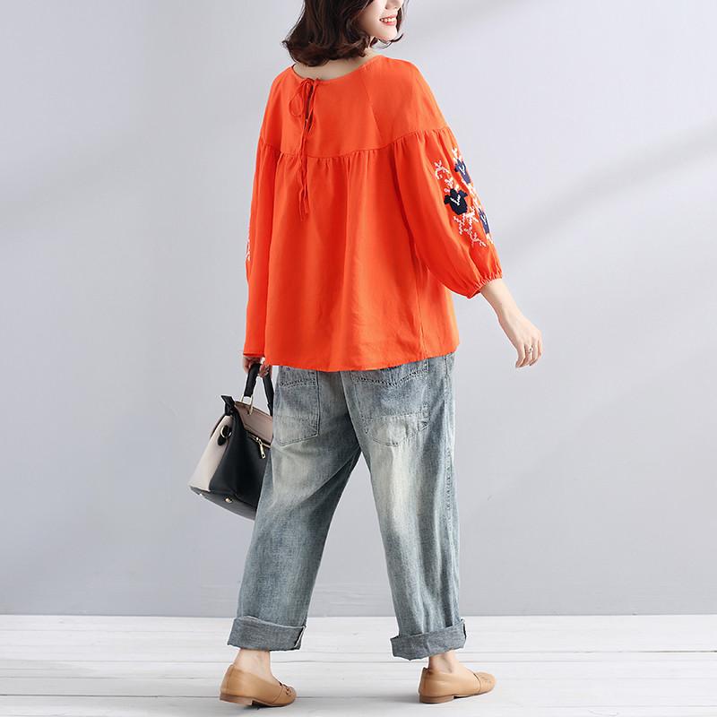 Boutique T-Shirt aus natürlichem Leinen, locker sitzend, bestickt, lockeres Leinenhemd für Damen, lässig, Schnürung, gefaltet, orange