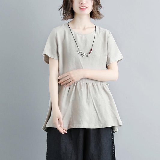 Boutique natürliches Leinen-T-Shirt lässig plissiert Sommer Kurzarm Rundhals Casual Tops