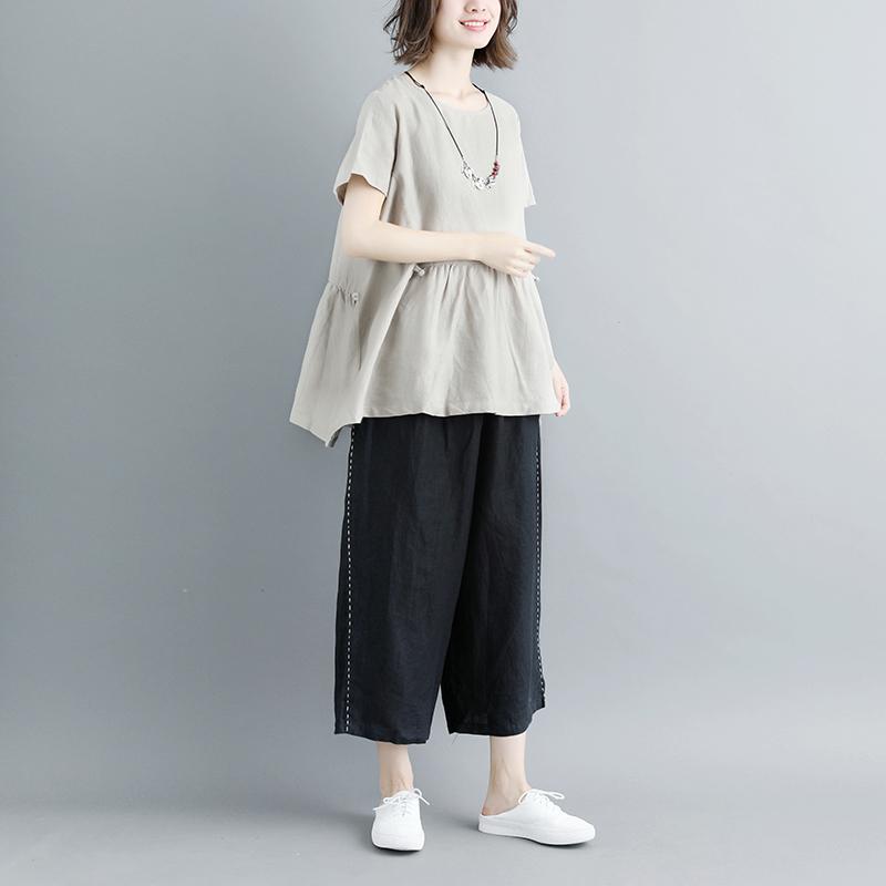 Boutique natürliches Leinen-T-Shirt lässig plissiert Sommer Kurzarm Rundhals Casual Tops