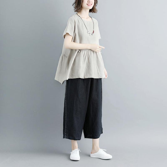 Boutique natürliches Leinen-T-Shirt lässig plissiert Sommer Kurzarm Rundhals Casual Tops