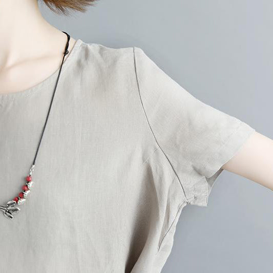 Boutique natürliches Leinen-T-Shirt lässig plissiert Sommer Kurzarm Rundhals Casual Tops