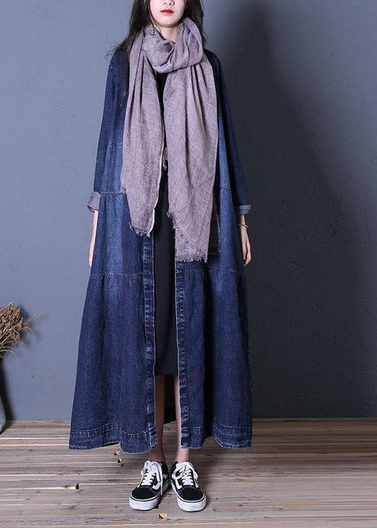 boutique oversize long fall denim blue patchwork Button Down women coats - SooLinen