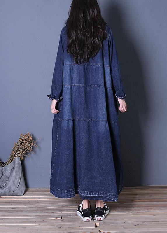 boutique oversize long fall denim blue patchwork Button Down women coats - SooLinen