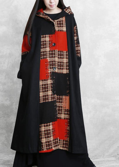boutique oversized long jackets coat black plaid hooded patchwork woolen overcoat - SooLinen