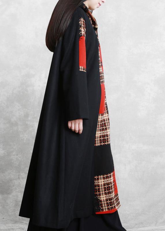 boutique oversized long jackets coat black plaid hooded patchwork woolen overcoat - SooLinen