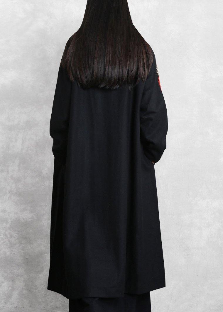 boutique oversized long jackets coat black plaid hooded patchwork woolen overcoat - SooLinen