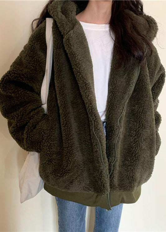 boutique oversized medium length coat winter outwear green hooded Wool jackets - SooLinen