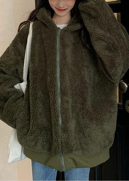 boutique oversized medium length coat winter outwear green hooded Wool jackets - SooLinen