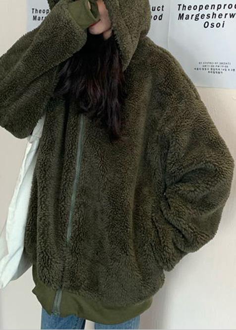 boutique oversized medium length coat winter outwear green hooded Wool jackets - SooLinen