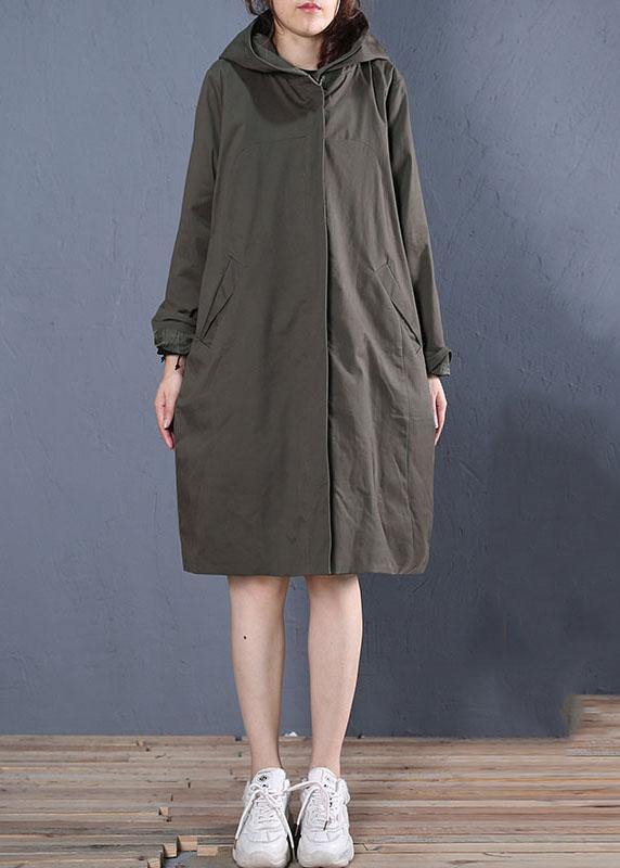 boutique oversized mid-length coats fall coat gray green hooded zippered coat - SooLinen