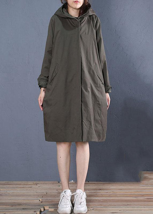 boutique oversized mid-length coats fall coat gray green hooded zippered coat - SooLinen
