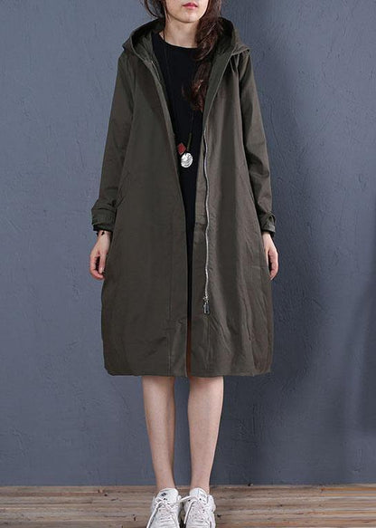 boutique oversized mid-length coats fall coat gray green hooded zippered coat - SooLinen