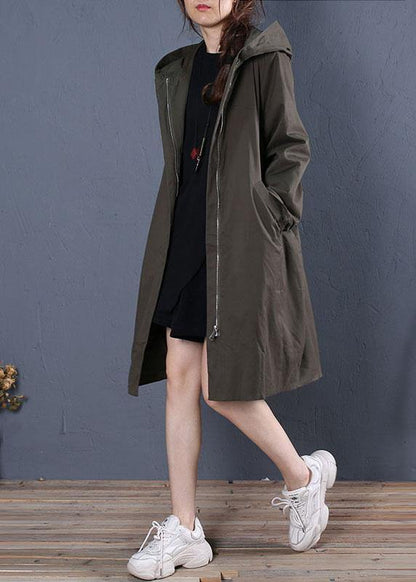 boutique oversized mid-length coats fall coat gray green hooded zippered coat - SooLinen