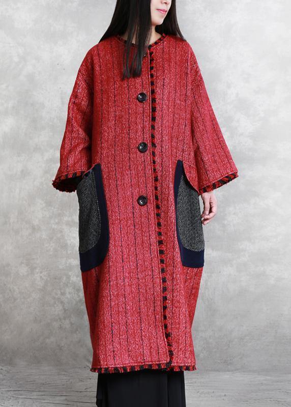 boutique plus size Jackets & Coats outwear red striped o neck pockets woolen outwear - SooLinen