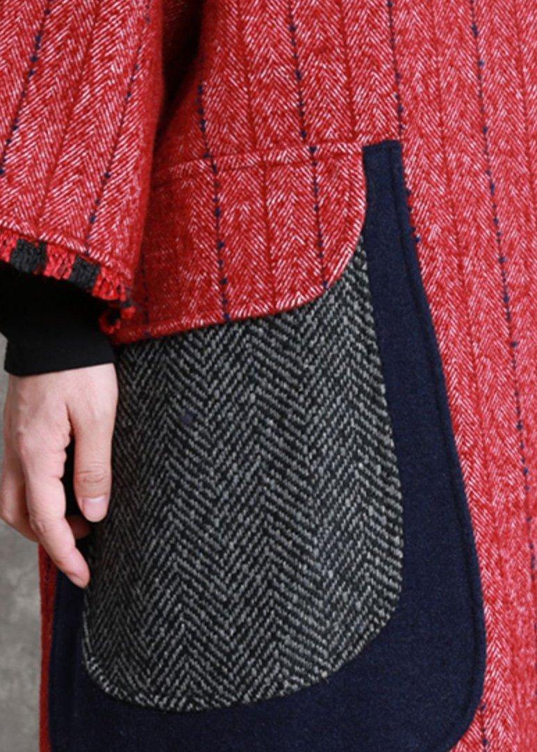 boutique plus size Jackets & Coats outwear red striped o neck pockets woolen outwear - SooLinen