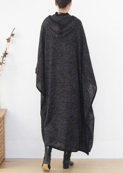 boutique plus size clothing long winter coat women black hooded large hem Woolen Coats - SooLinen