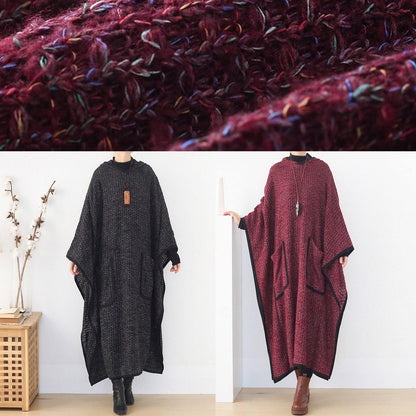 boutique plus size clothing long winter coat women black hooded large hem Woolen Coats - SooLinen