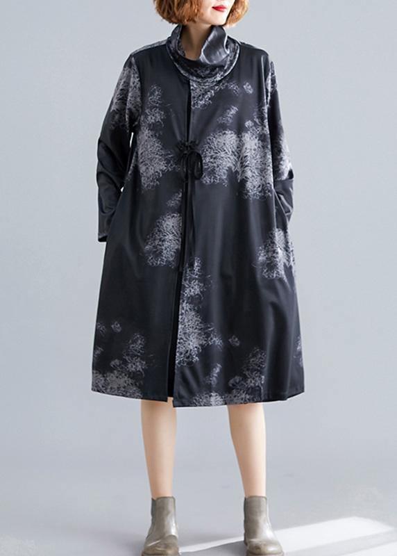 boutique plus size coat fall black Turtleneck pockets coat - SooLinen