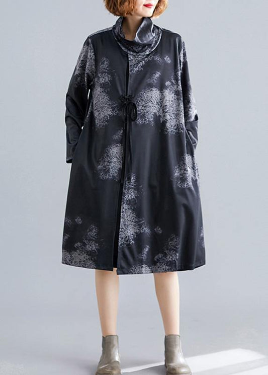 boutique plus size coat fall black Turtleneck pockets coat - SooLinen