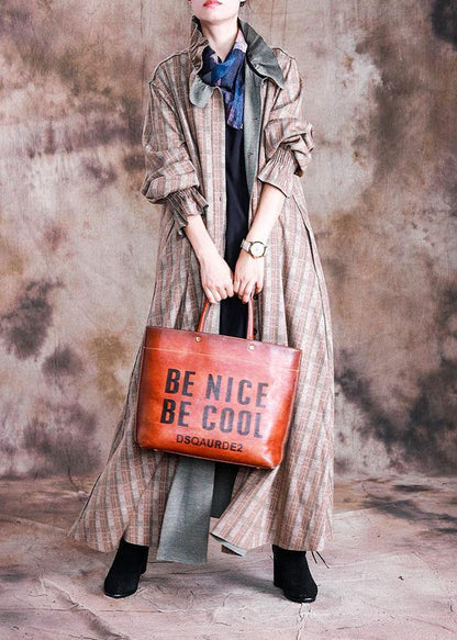 boutique plus size long coat fall woolen outwear khaki plaid Cinched wool coat for woman - SooLinen