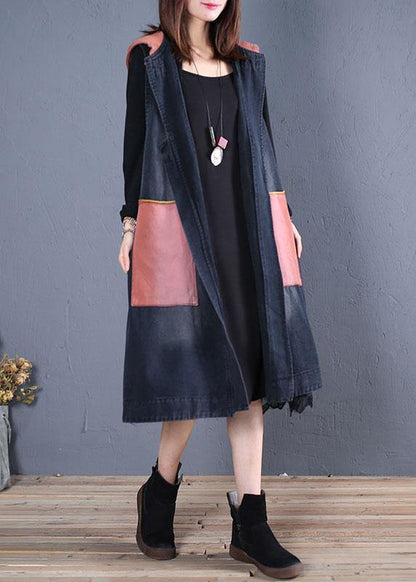 boutique plus size trench coat black patchwork hooded sleeveless jackets - SooLinen