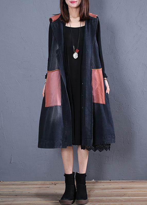 boutique plus size trench coat black patchwork hooded sleeveless jackets - SooLinen