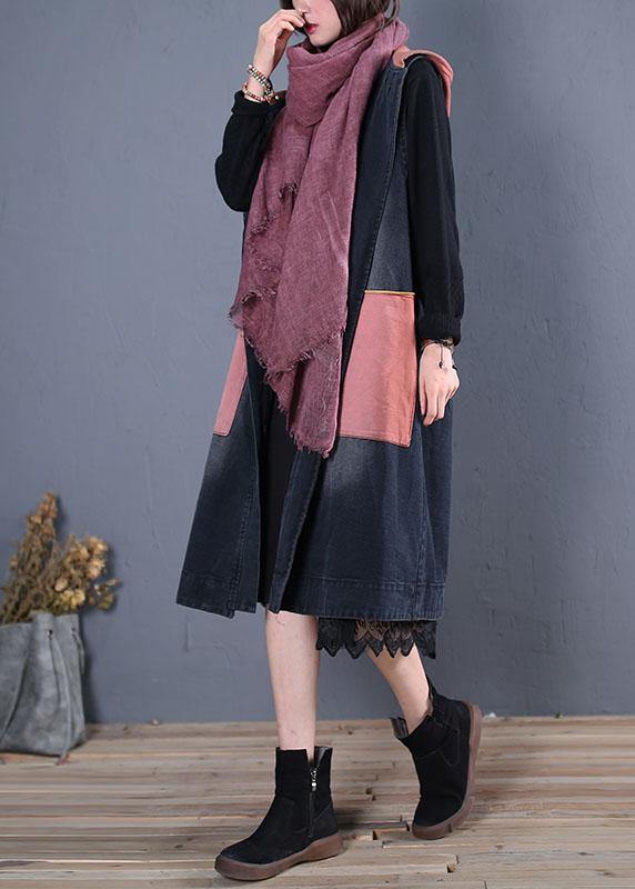 boutique plus size trench coat black patchwork hooded sleeveless jackets - SooLinen