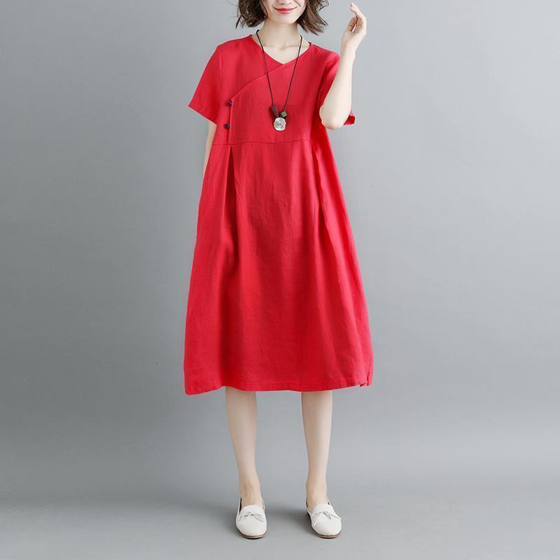 Boutique Kleider aus reinem Leinen in Übergröße Retro Sommer Kurzarm Rote Taschen Plisseekleid