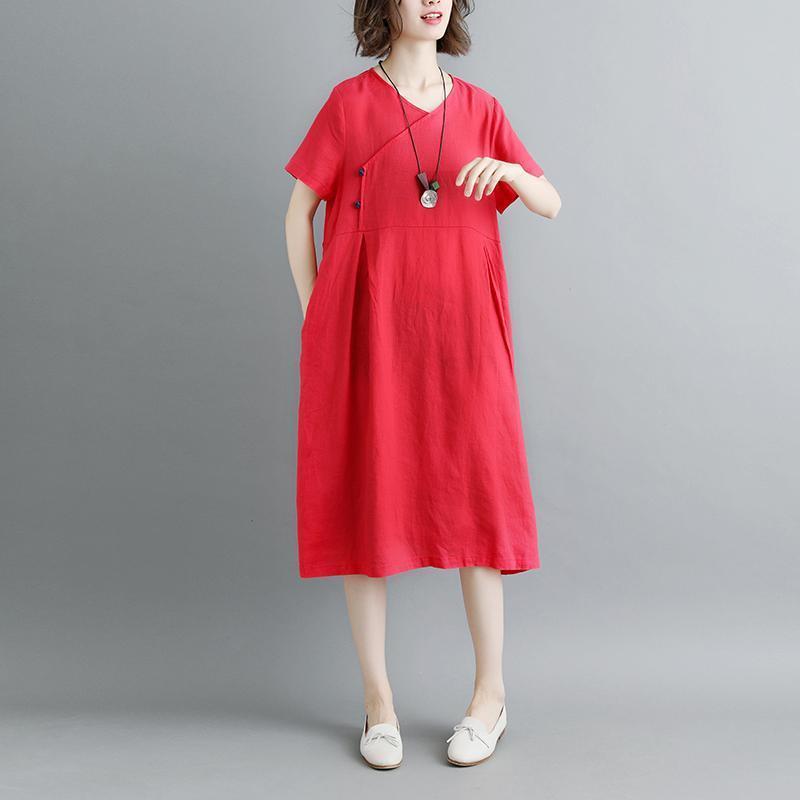 Boutique Kleider aus reinem Leinen in Übergröße Retro Sommer Kurzarm Rote Taschen Plisseekleid