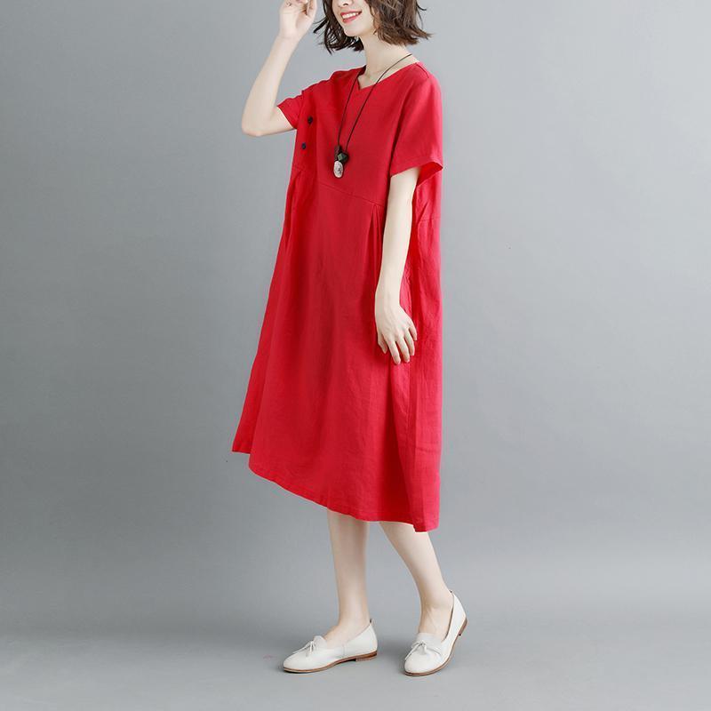 Boutique Kleider aus reinem Leinen in Übergröße Retro Sommer Kurzarm Rote Taschen Plisseekleid