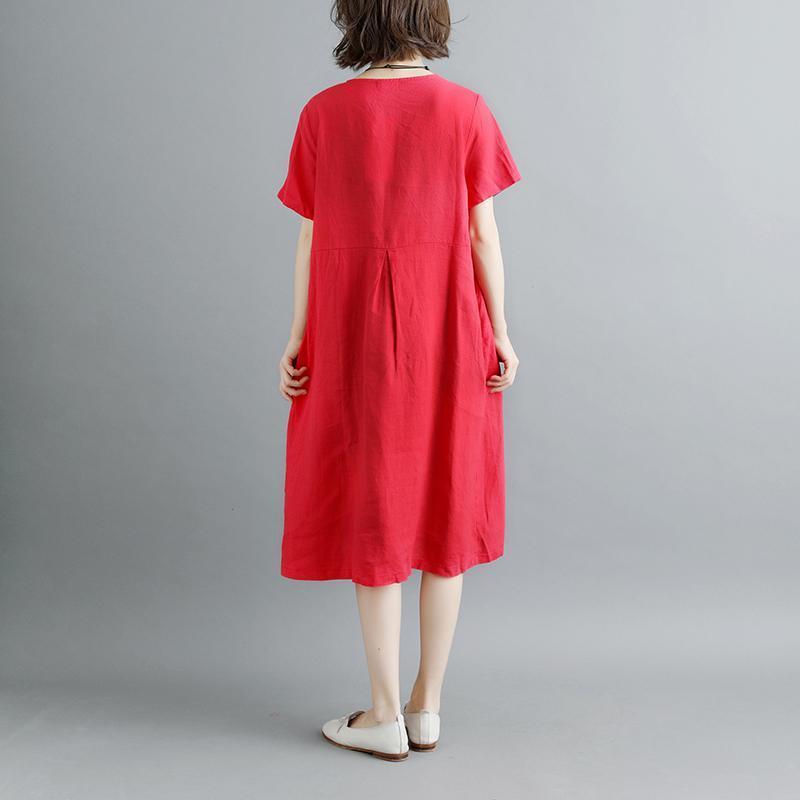 Boutique Kleider aus reinem Leinen in Übergröße Retro Sommer Kurzarm Rote Taschen Plisseekleid