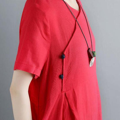 Boutique Kleider aus reinem Leinen in Übergröße Retro Sommer Kurzarm Rote Taschen Plisseekleid