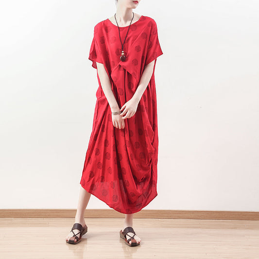 Boutique rot gepunktetes Naturleinenkleid übergroße drapierte Reisekleidung lässige Maxikleider mit O-Ausschnitt