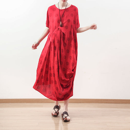 Boutique rot gepunktetes Naturleinenkleid übergroße drapierte Reisekleidung lässige Maxikleider mit O-Ausschnitt