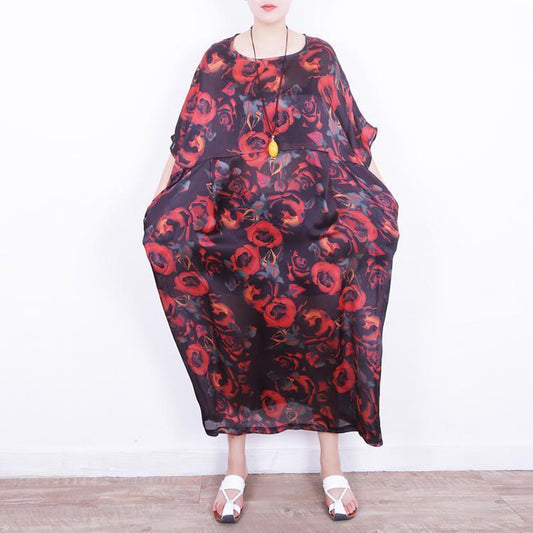 Boutique red floral silk kleid oversize patchwork reisen kleidung Neue o neck chiffon kleid