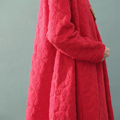 Boutique roter Maximantel trendiger Übergrößen-V-Ausschnitt Baggy-Mäntel feiner Jacquard-Wollmantel