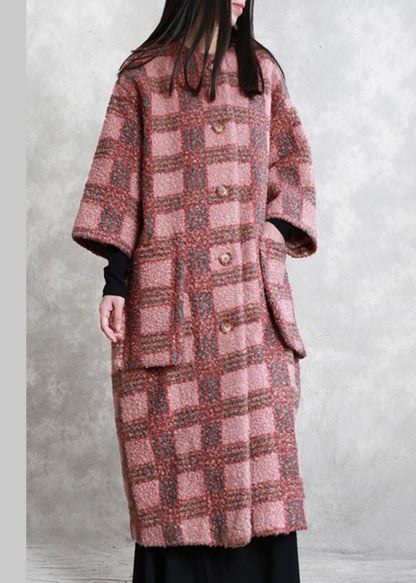 boutique red plaid Woolen Coats oversized long winter pockets Button coat - SooLinen