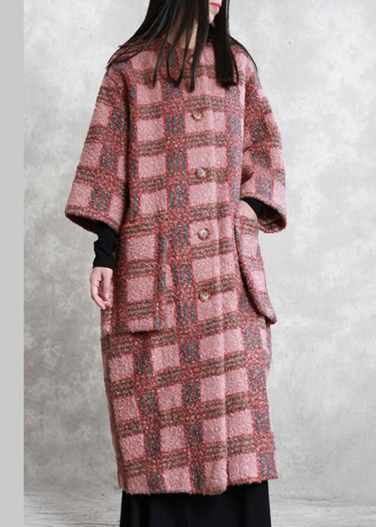 boutique red plaid Woolen Coats oversized long winter pockets Button coat - SooLinen