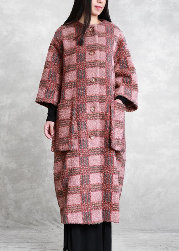 boutique red plaid Woolen Coats oversized long winter pockets Button coat - SooLinen