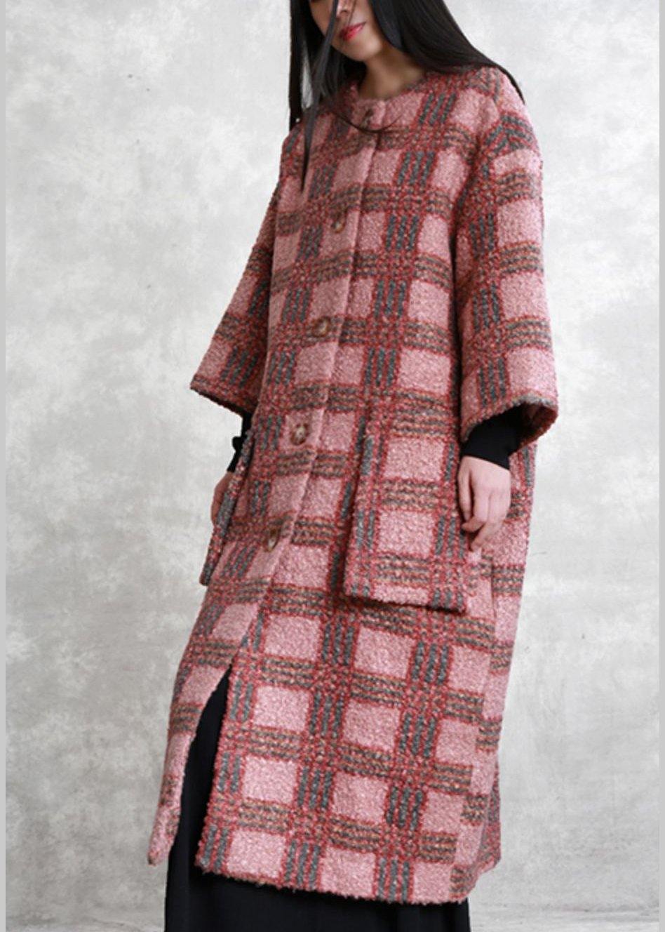 boutique red plaid Woolen Coats oversized long winter pockets Button coat - SooLinen