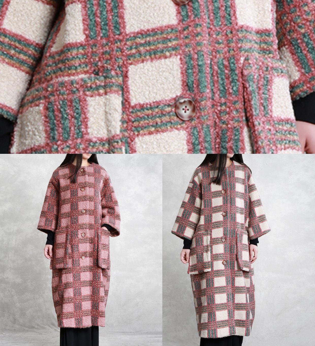 boutique red plaid Woolen Coats oversized long winter pockets Button coat - SooLinen
