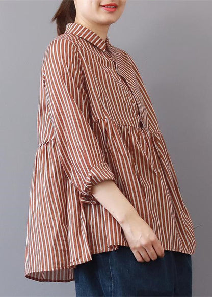 Boutique rot gestreifte Leinenbluse Plus Size Reisekleidung feine Patchwork-Leinenblusen mit Reverskragen