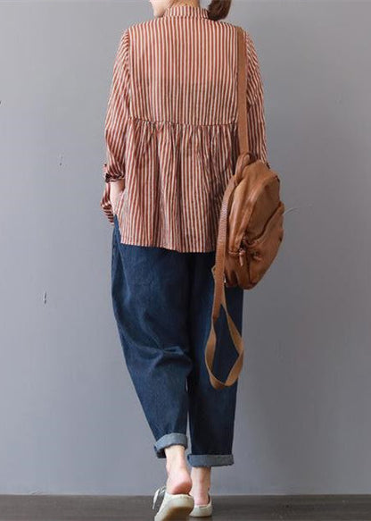 Boutique rot gestreifte Leinenbluse Plus Size Reisekleidung feine Patchwork-Leinenblusen mit Reverskragen