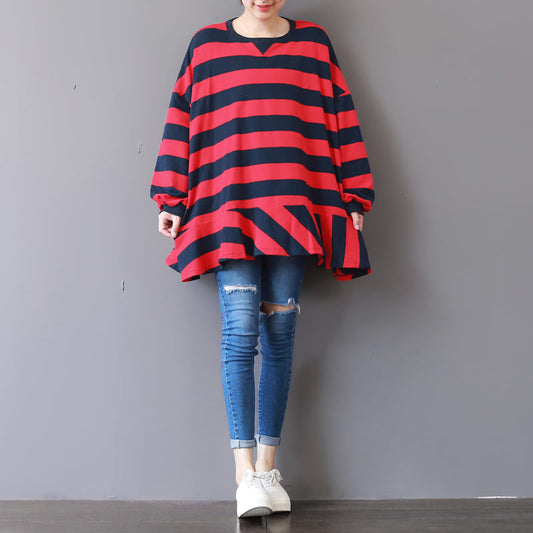 boutique red striped natural cotton t shirt plus size cotton clothing blouses fine patchwork o neck cotton t shirt