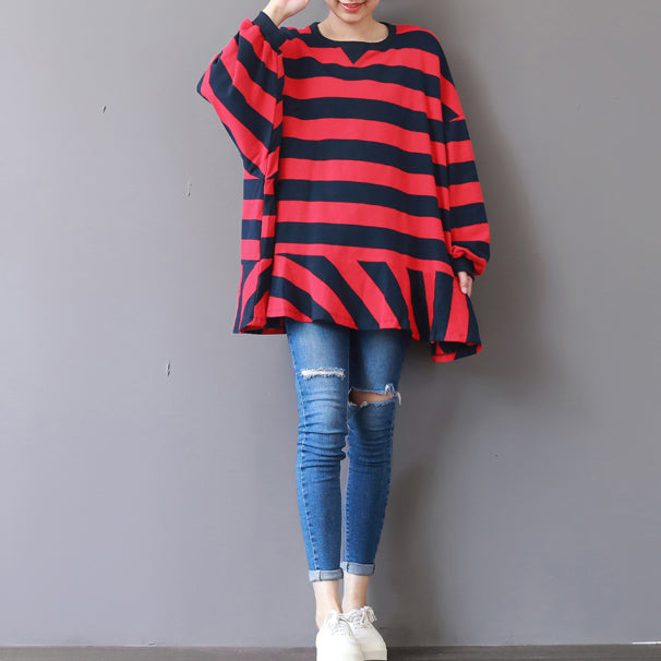 boutique red striped natural cotton t shirt plus size cotton clothing blouses fine patchwork o neck cotton t shirt